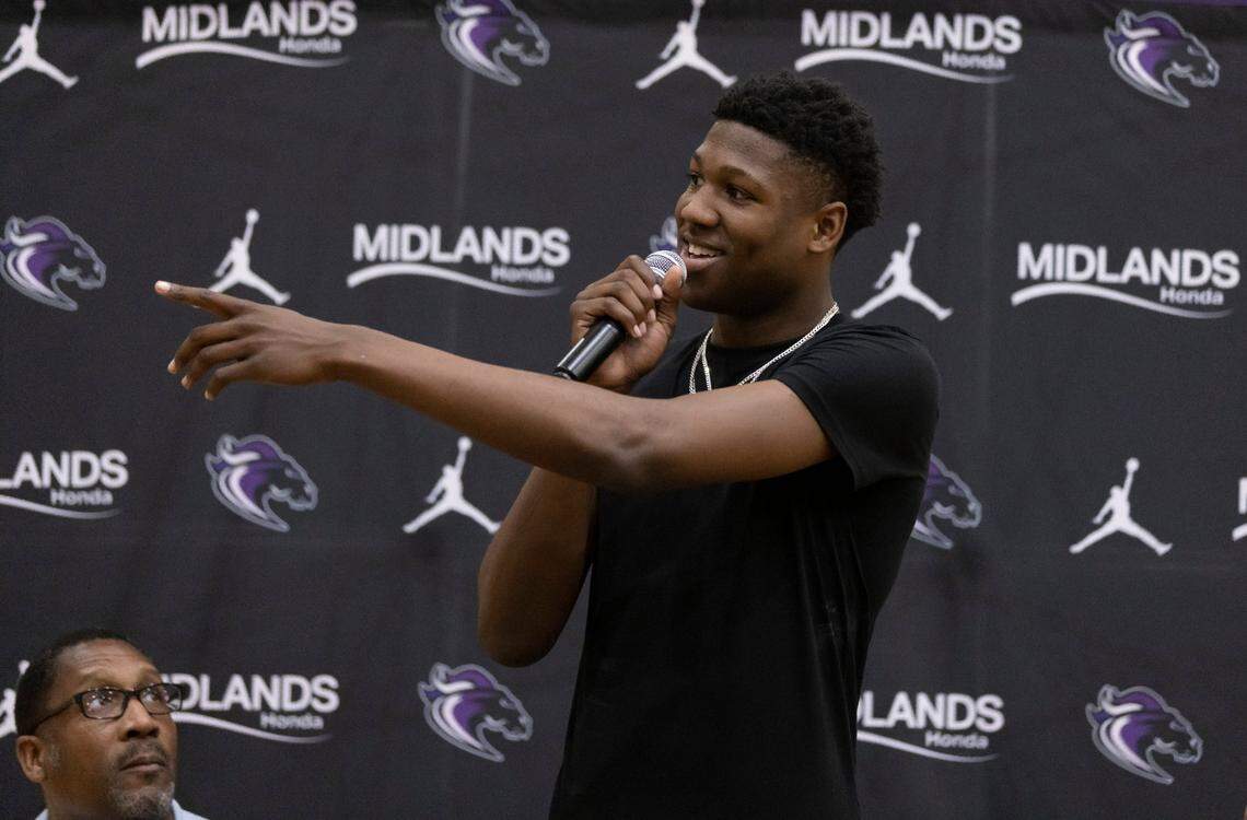 Five-star basketball player GG Jackson, who announced his decision to attend the University of North Carolina, speaks to the media on Wednesday, April 27, 2022, in Columbia.