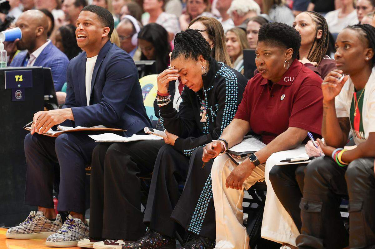 University of South Carolina Head Coach Dawn Staley reacts to the direction of the NCAA National Championship game against the University of Connecticut at Amalie Arena in Tampa, Fla. on Sunday, April 6, 2025.