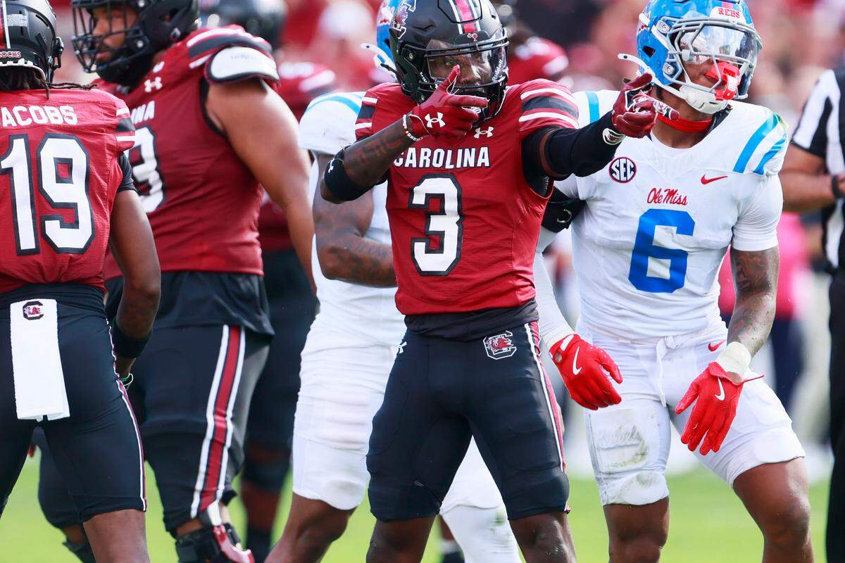 South Carolina wide receiver Mazeo Bennett Jr. (3) celebrates while playing Ole Miss on Saturday, October 5, 2024.