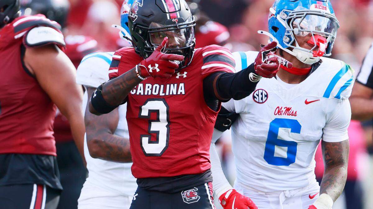 South Carolina wide receiver Mazeo Bennett Jr. (3) celebrates while playing Ole Miss on Saturday, October 5, 2024.
