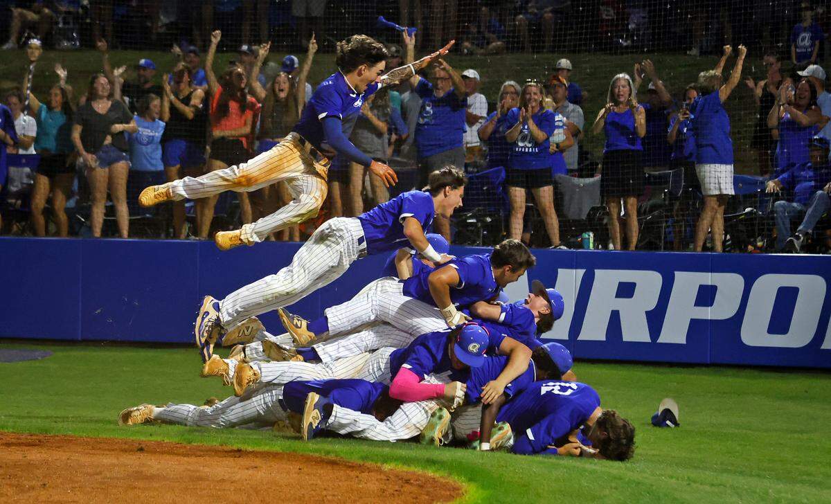 Airport High School’s baseball team celebrates its Class 4A state championship series win over Seneca High on May 31, 2025.