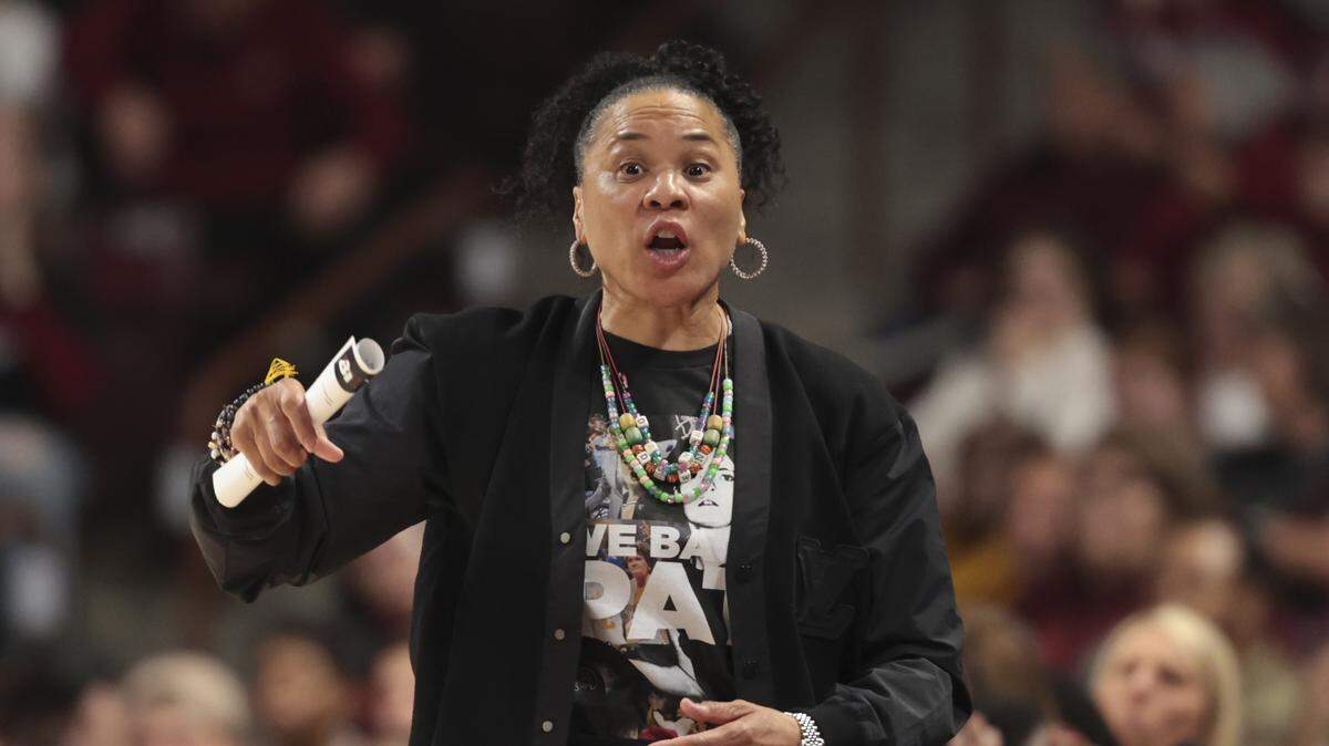 South Carolina's head coach Dawn Staley talks to an official during the first half of action of their women's basketball game against Georgia at Colonial Life Arena on Sunday, Jan. 11, 2026.