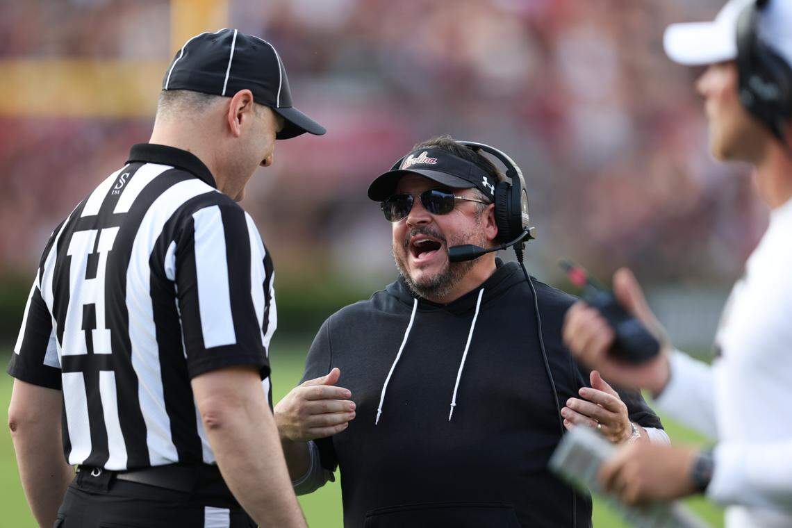 South Carolina offensive coordinator Dowell Loggains speaks with an official during the Gamecocks’ Garnet & Black game at Williams-Brice Stadium in Columbia on Saturday, April 20, 2024.