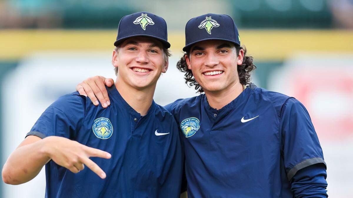 Pitchers Ben Kudrna, left, and Frank Mozzicato of the Columbia Fireflies