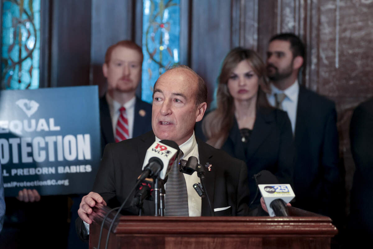 Republican candidate for U.S. Senate, Mark Lynch, speaks during a press conference where state Sen. Lee Bright, R-Spartanburg, and state Rep. Rob Harris, R-Spartanburg, discussed their legislation, The South Carolina Prenatal Equal Protection Act, being filed on Tuesday, Jan. 13, 2026.