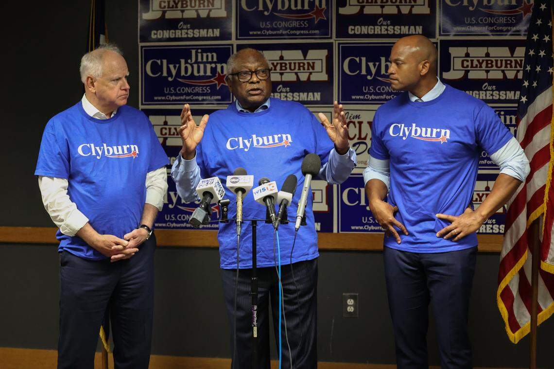 Minnesota Governor Tim Walz, left, U.S. Rep. Jim Clyburn and Maryland Governor Wes Moore, gather for a press conference during the Clyburn Fish Fry in Columbia on Friday, May 30, 2025 at EdVenture.