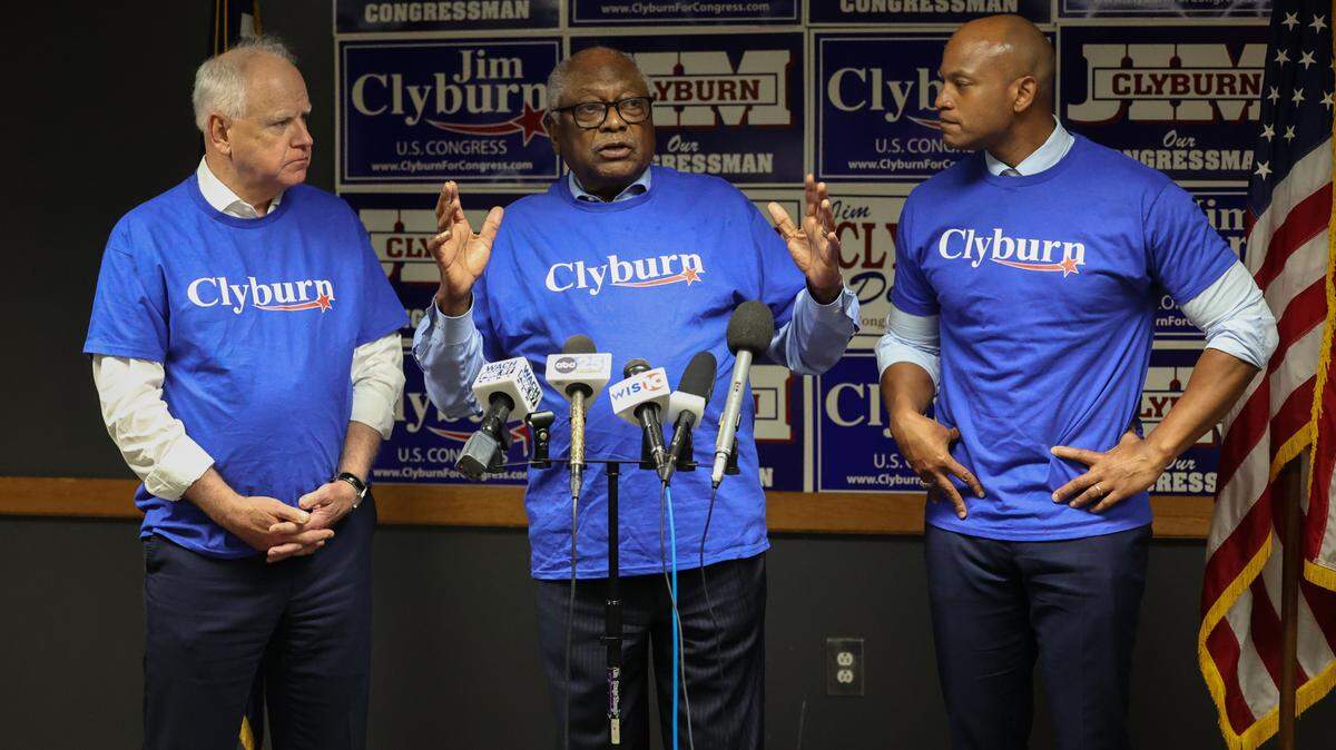 Minnesota Governor Tim Walz, left, U.S. Rep. Jim Clyburn and Maryland Governor Wes Moore, gather for a press conference during the Clyburn Fish Fry in Columbia on Friday, May 30, 2025 at EdVenture.