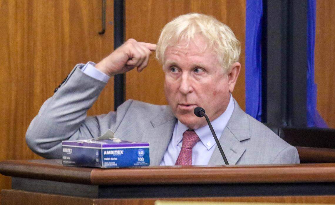 Dr. Thomas Beaber, a forensic pathologist, testifies to the depth and severity of stab wounds to Samantha Josephson’s head during the trial of Nathaniel Rowland on Monday, July 26, 2021 in Richland County Circuit Court. Rowland is accused of killing Samantha Josephson after luring her into his car.
