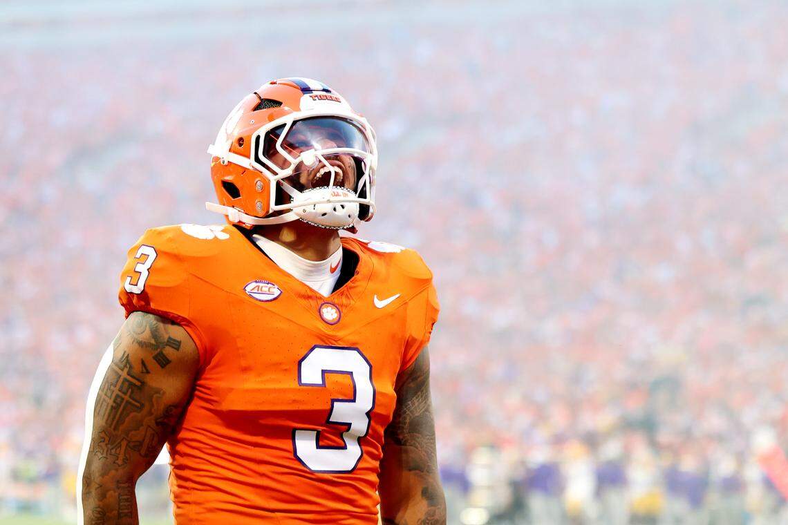 Defensive end T.J. Parker (3) of the Clemson Tigers yells in excitement before the game against the LSU Tigers at Memorial Stadium on August 30, 2025 in Clemson, South Carolina.
