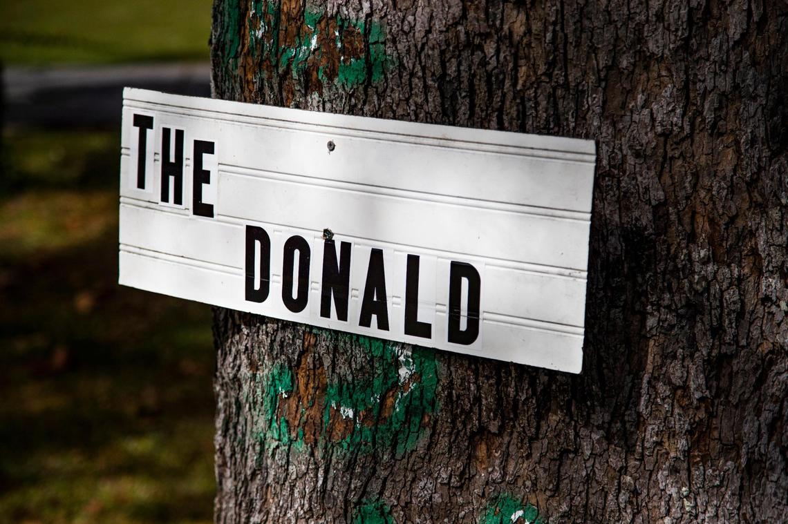 Raymond Doniphan’s homemade sign supporting President Donald Trump drilled into a tree in his front yard on Friday, October 23, 2020. Earlier Doniphan spray painted “LSU” on the tree to thank the university for beating Clemson University in the College Football Playoff National Championship.