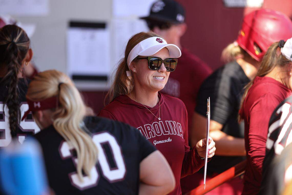 South Carolina head coach Ashley Chastain speaks to her players during the Gamecocks’ scrimmage against USC Aiken in Columbia on Saturday, October 12, 2024.