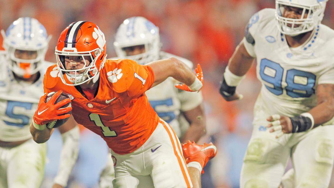 Clemson running back Will Shipley (1) leaves North Carolina behind on his way to a touchdown during second-half action in Clemson, S.C. on Saturday, Nov.18, 2023.