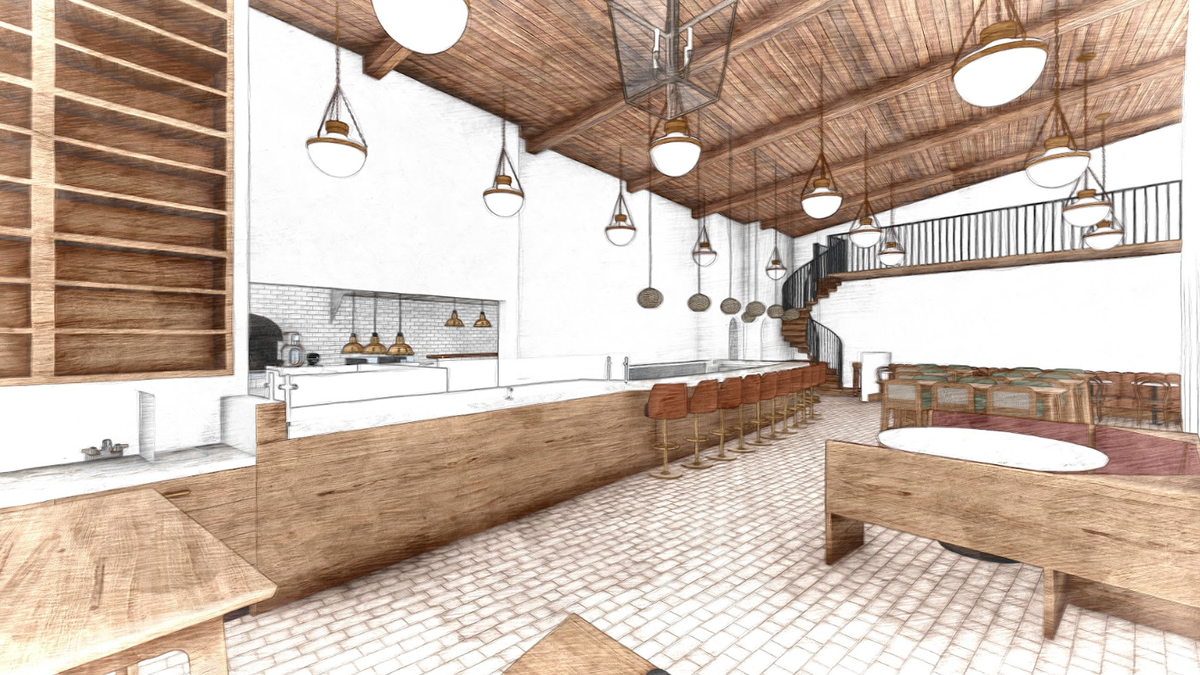A rendering of Mother’s Oysters + Pies, an oyster and pizza restaurant and bar that is planned for the Shoppes at Flight Deck in Lexington.