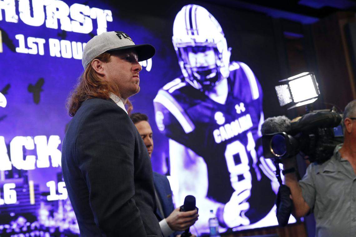 Tight end Hayden Hurst, one of the Baltimore Ravens' first-round draft picks, waits to participate in a television interview following an NFL football news conference at the team's headquarters in Owings Mills, Md., Friday, April 27, 2018.