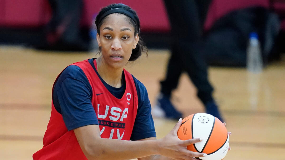 A’ja Wilson looks to pass during practice for the United States women’s basketball team in preparation for the Olympics, Tuesday, July 13, 2021, in Las Vegas. (AP Photo/John Locher)