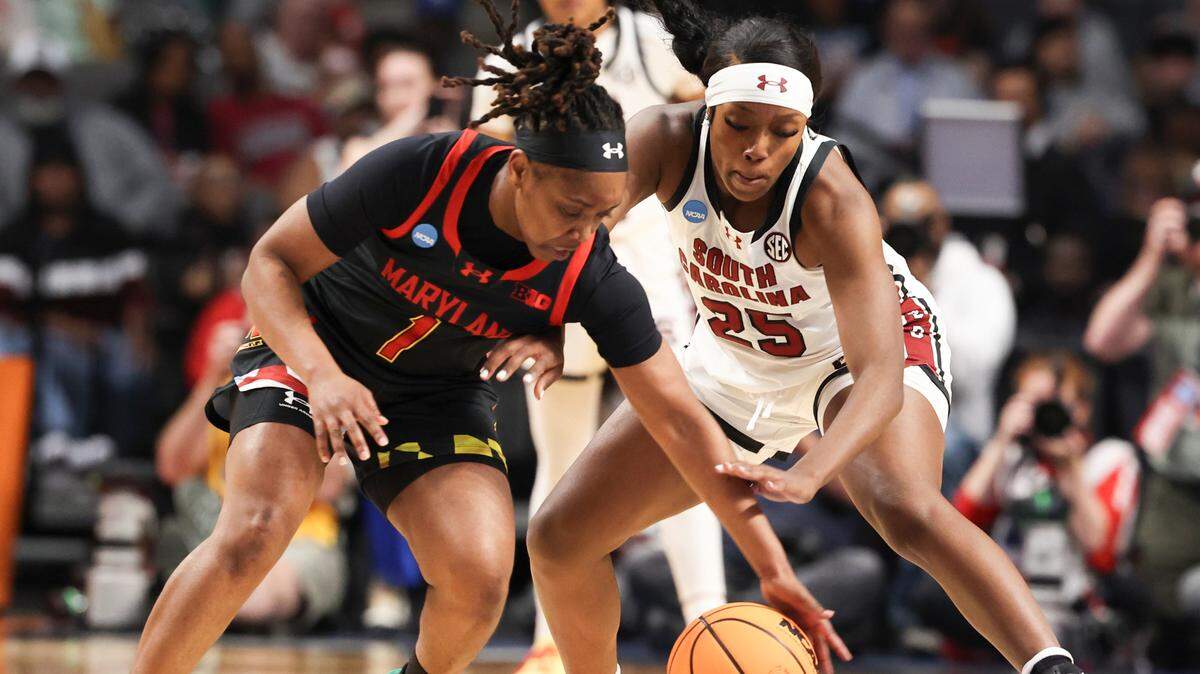 University of South Carolina’s Raven Johnson (25) pressures Maryland Terrapins’ Sarah Te-Biasu (1) during the first half of action at the Legacy Arena in Birmingham on Friday, March 28, 2025 in the Birmingham 2 regional of the NCAA Tournament.