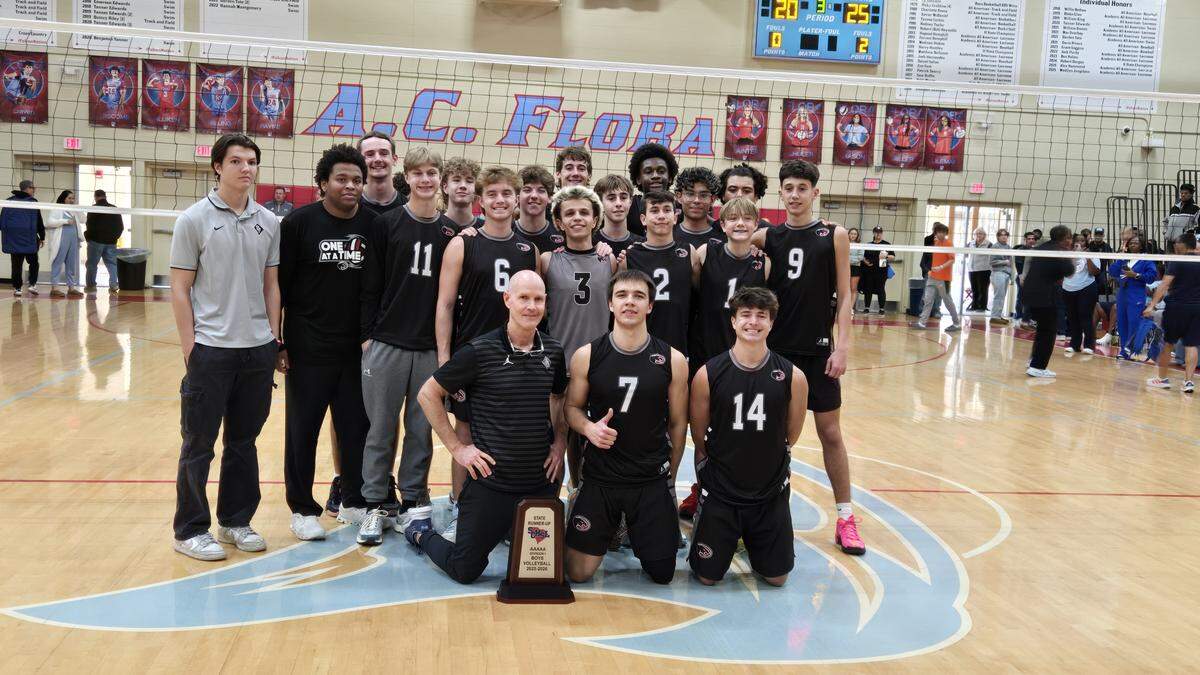 Carolina Forest boys volleyball poses with the runner-up trophy at the 2025 SCHSL Class 5A Division I state championship.
