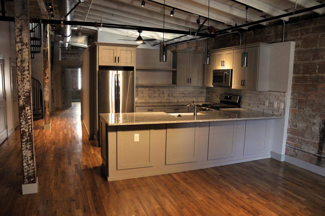 The kitchen inside a penthouse unit of the Gadsden Place apartments.