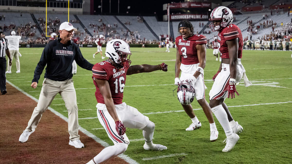 South Carolina wide receiver Corey Rucker (16) celebrates his Saturday touchdown with wide receivers coach Justin Stepp, and teammates Antwane Wells and Xavier Legette,