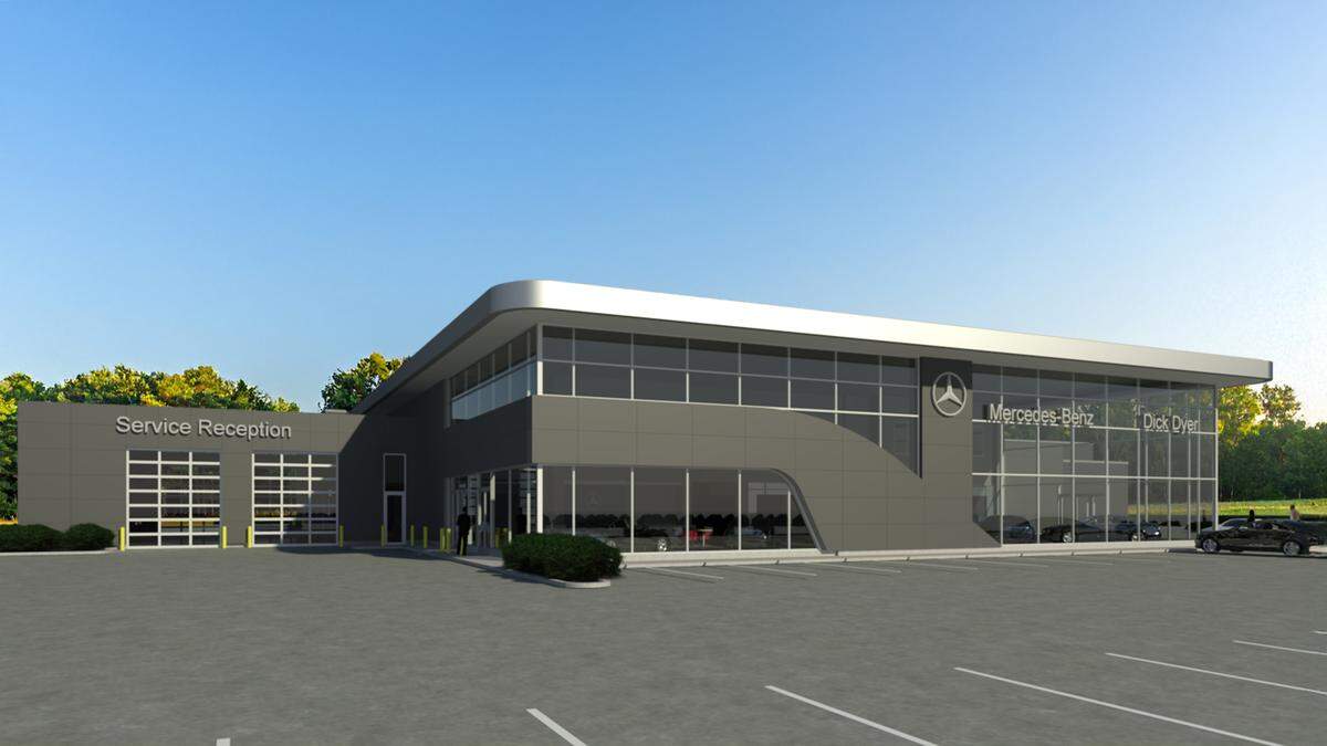A rendering shows a building where Dick Dyer Mercedes-Benz will relocate in 2027.