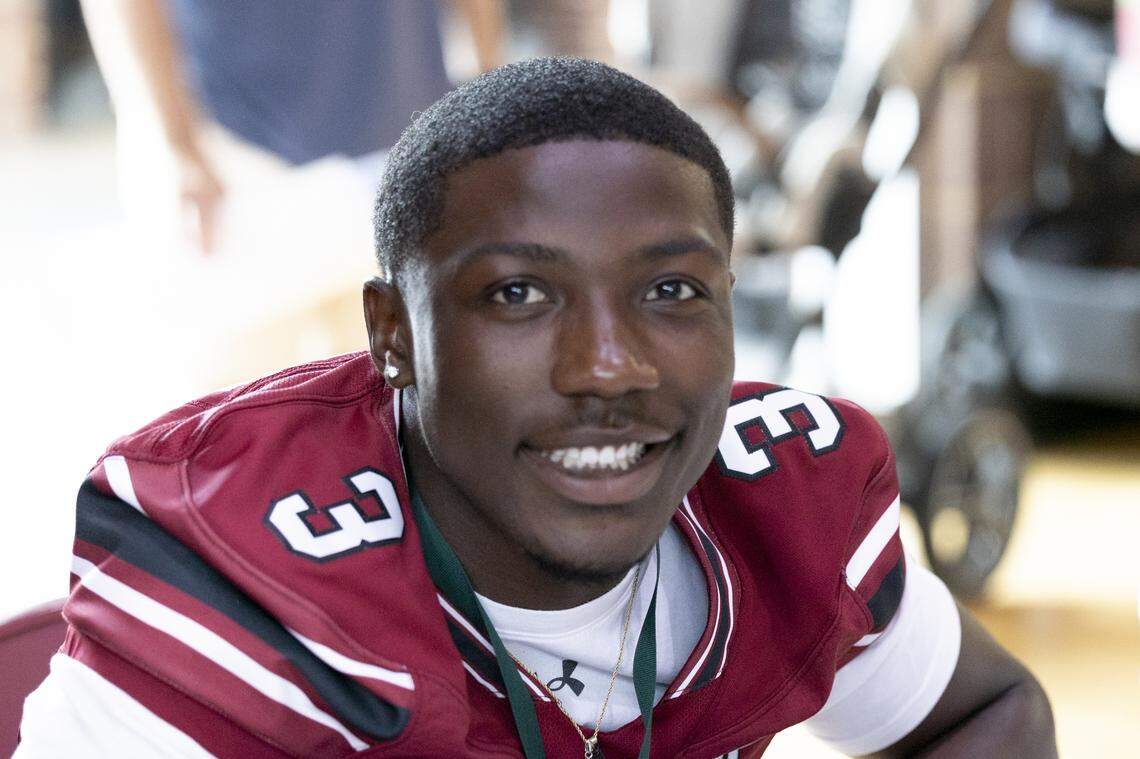 South Carolina football freshman Mazeo Bennett (3) appears at the annual Pigskin Poets event held Friday, July 12, 2024 at Drew Wellness Center in Columbia.