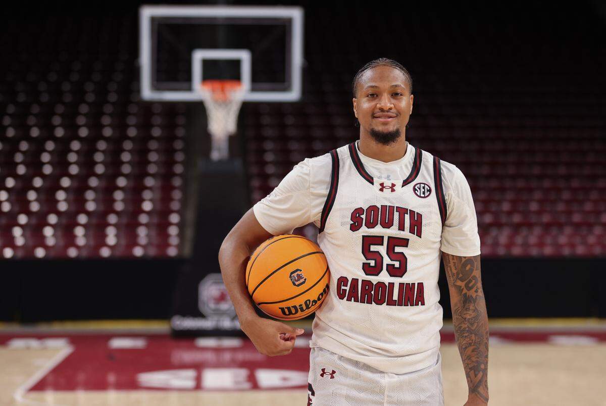 Ta’Lon Cooper (55) of South Carolina during the Gamecocks’ practice at Colonial Life Arena in Columbia on Thursday, October 5, 2023.