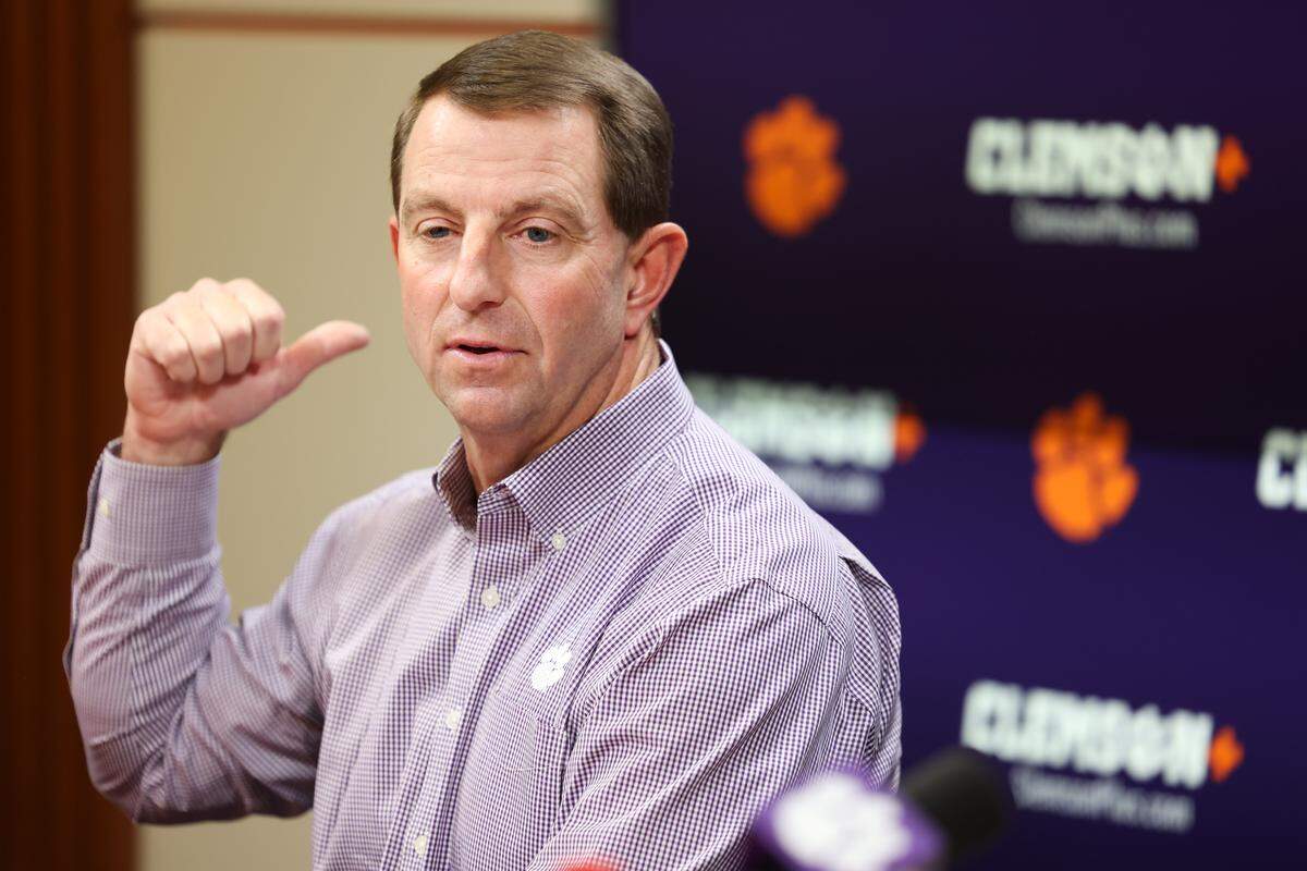 Clemson head coach Dabo Swinney speaks during a press conference in Clemson on Friday, January 23, 2026.