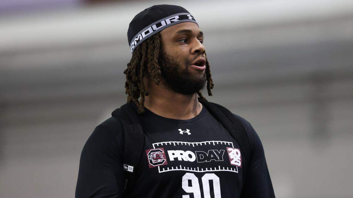 South Carolina defensive tackle T.J. Sanders (90) looks on during the Gamecocks’ annual NFL Pro Day in Columbia on Tuesday, March 18, 2025.