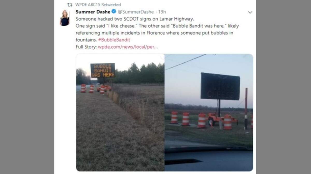 A hacker changed the messages on S.C. road signs.