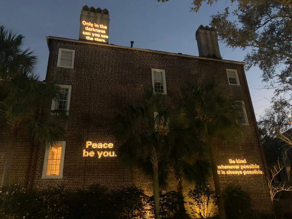 Theodora Park, a pocket park in downtown Charleston’s Ansonborough neighborhood, has created a unique light display this year that incorporates words of inspiration with its traditional holiday lights.