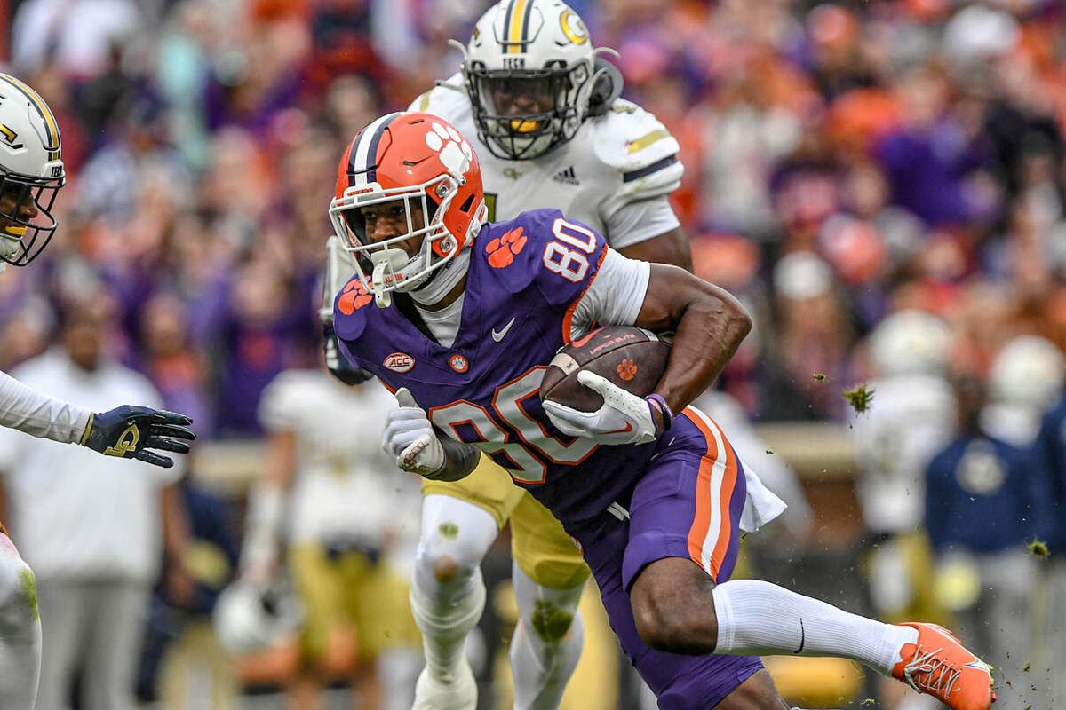 Nov 11, 2023; Clemson, South Carolina, USA; Clemson Tigers wide receiver Beaux Collins (80) makes a first down against Georgia Tech Yellow Jackets during the first quarter at Memorial Stadium.