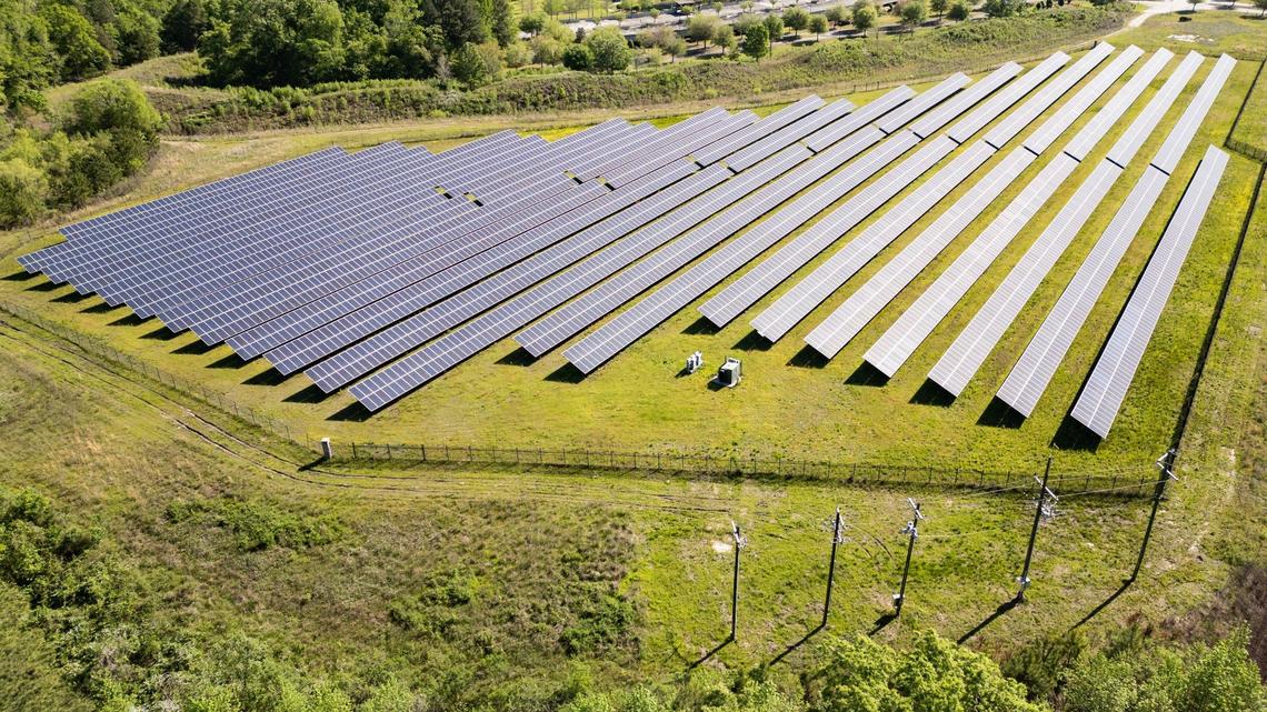 A solar farm off Saxe Gotha Road in Cayce, South Carolina on Friday, April 12, 2024.