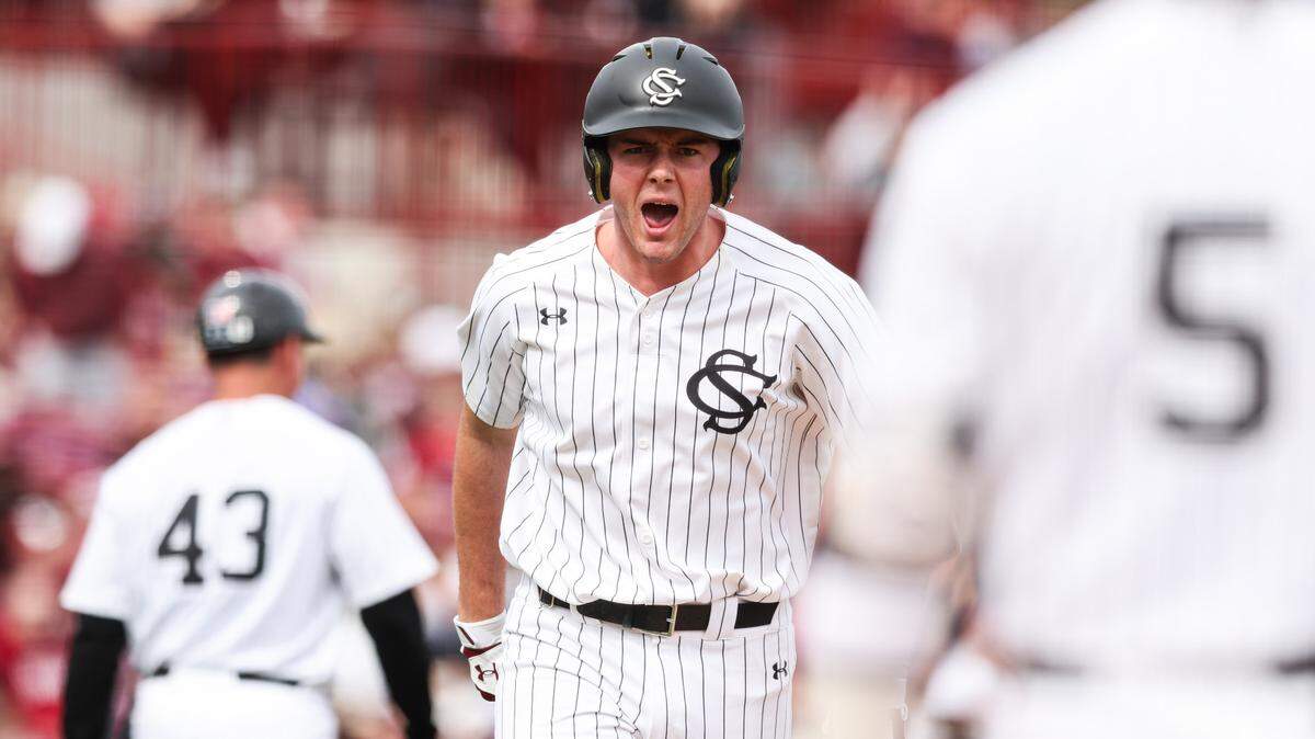 South Carolina’s Ethan Petry (20) celebrates after hitting a home run during the Gamecocks’ game against Miami (Ohio) at Founders Park in Columbia on Saturday, February 17, 2024.