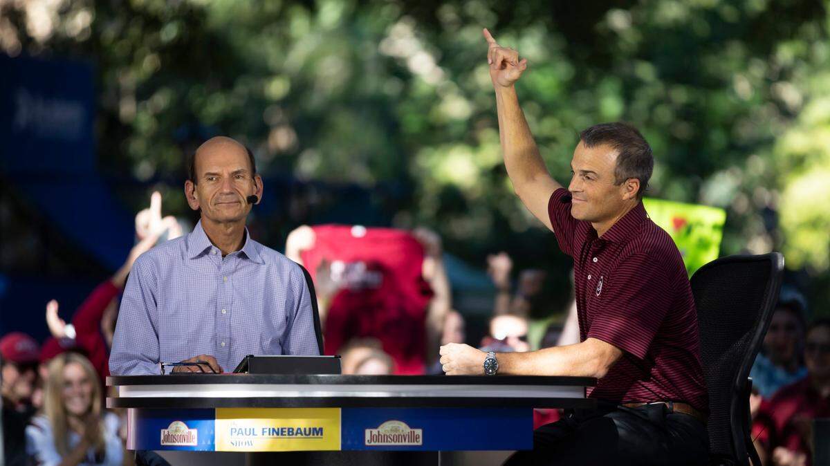 File photo: Football coach Shane Beamer speaks with Paul Finebaum live from The Horseshoe on Friday, September 24, 2021.