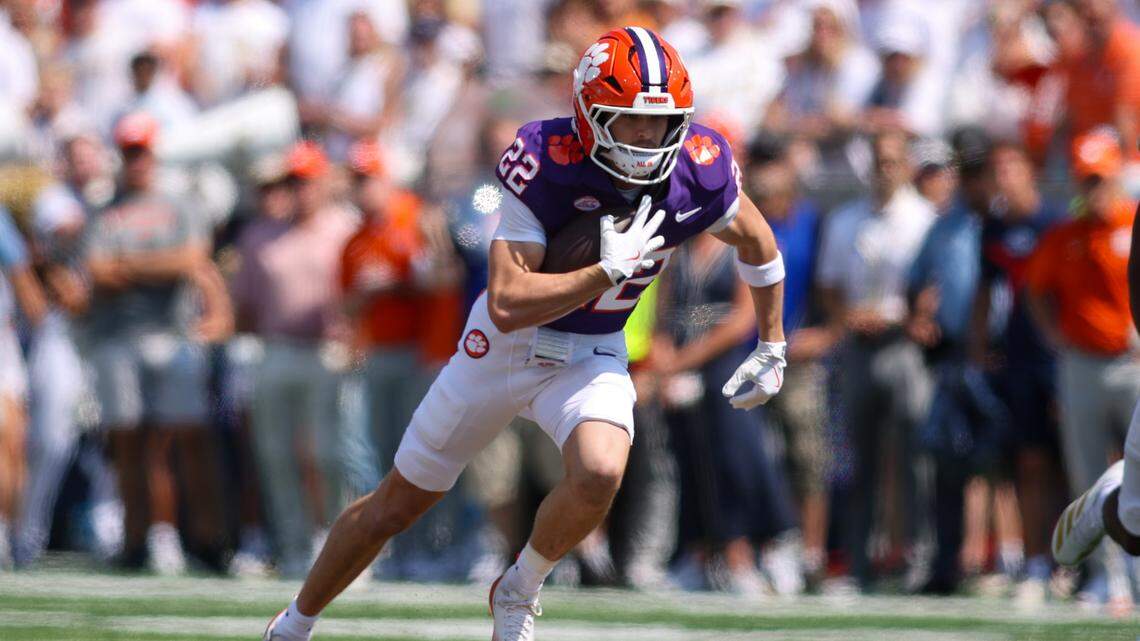 Sep 13, 2025; Atlanta, Georgia, USA; Clemson Tigers wide receiver Cole Turner (22) runs after a catch against the Georgia Tech Yellow Jackets in the first quarter at Bobby Dodd Stadium at Hyundai Field. Mandatory Credit: Brett Davis-Imagn Images