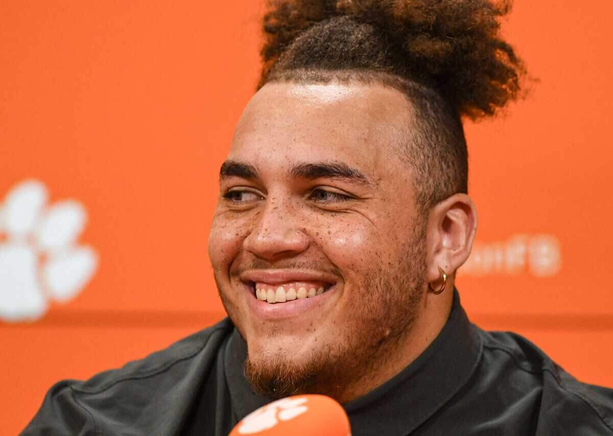 Clemson offensive lineman Tristan Leigh speaks in the Smart Family Media Center before the first open practice at the Poe Indoor Facility in Clemson, S.C. Monday, October 30, 2023.