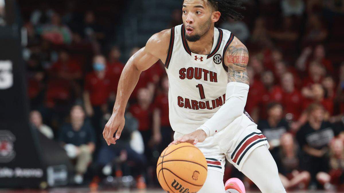 South Carolina Guard Jacobi Wright (1) plays SC State at Colonial Life Arena on Friday, November 8, 2024.