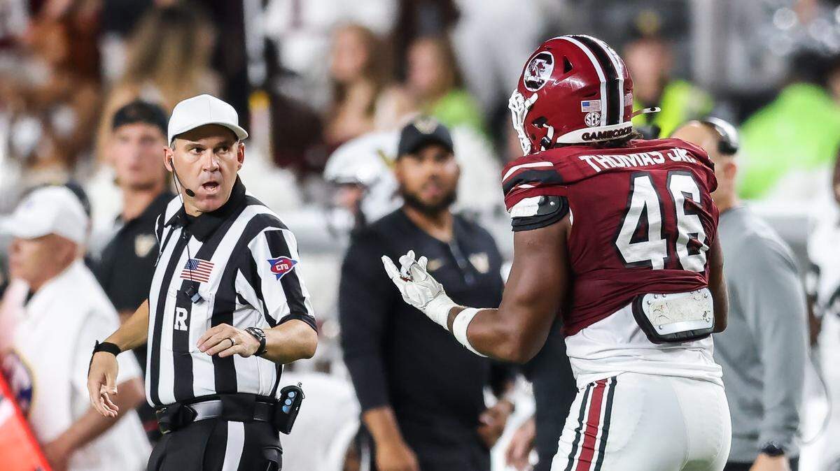 South Carolina linebacker Bryan Thomas Jr. (46) argues a call with an official during the first half of the Gamecocks’ game against Vanderbilt at Williams-Brice Stadium in Columbia on Saturday, September 13, 2025.
