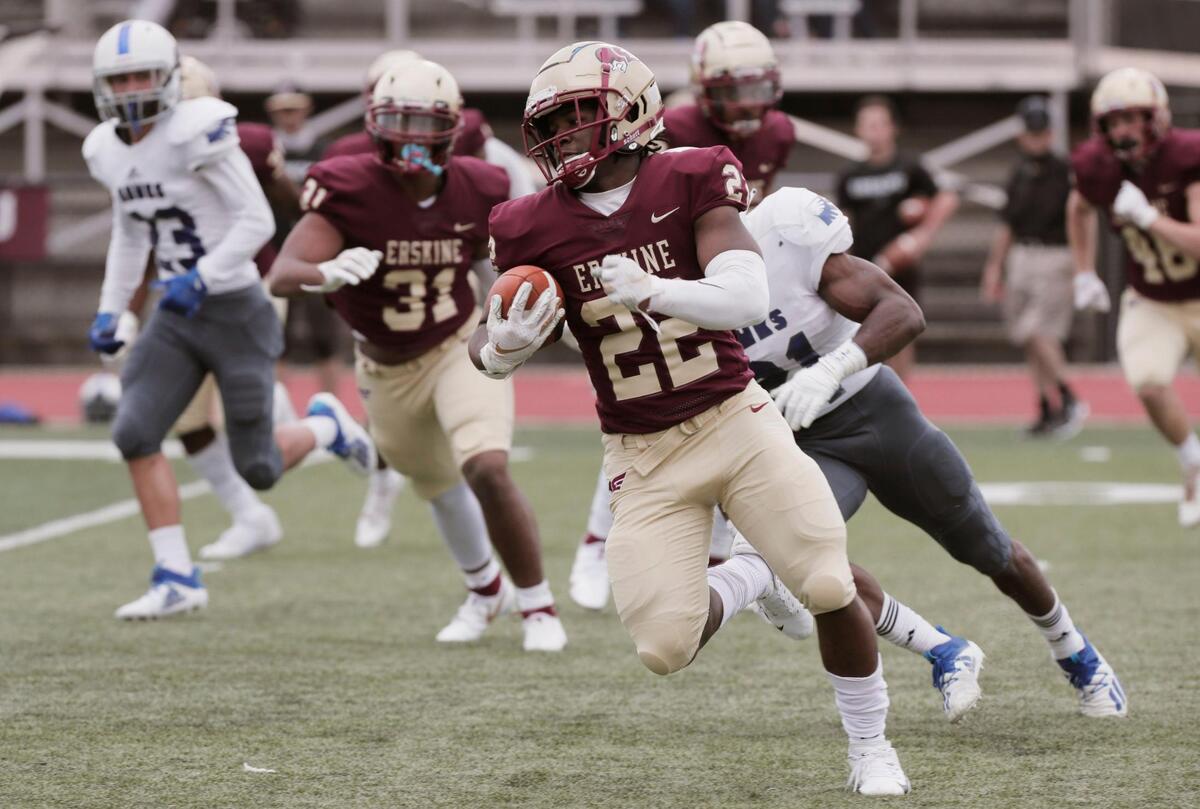 Erskine College’s Quay Chambers 22 advances downfield during the game against Shorter University on Saturday, March 13, 2021.