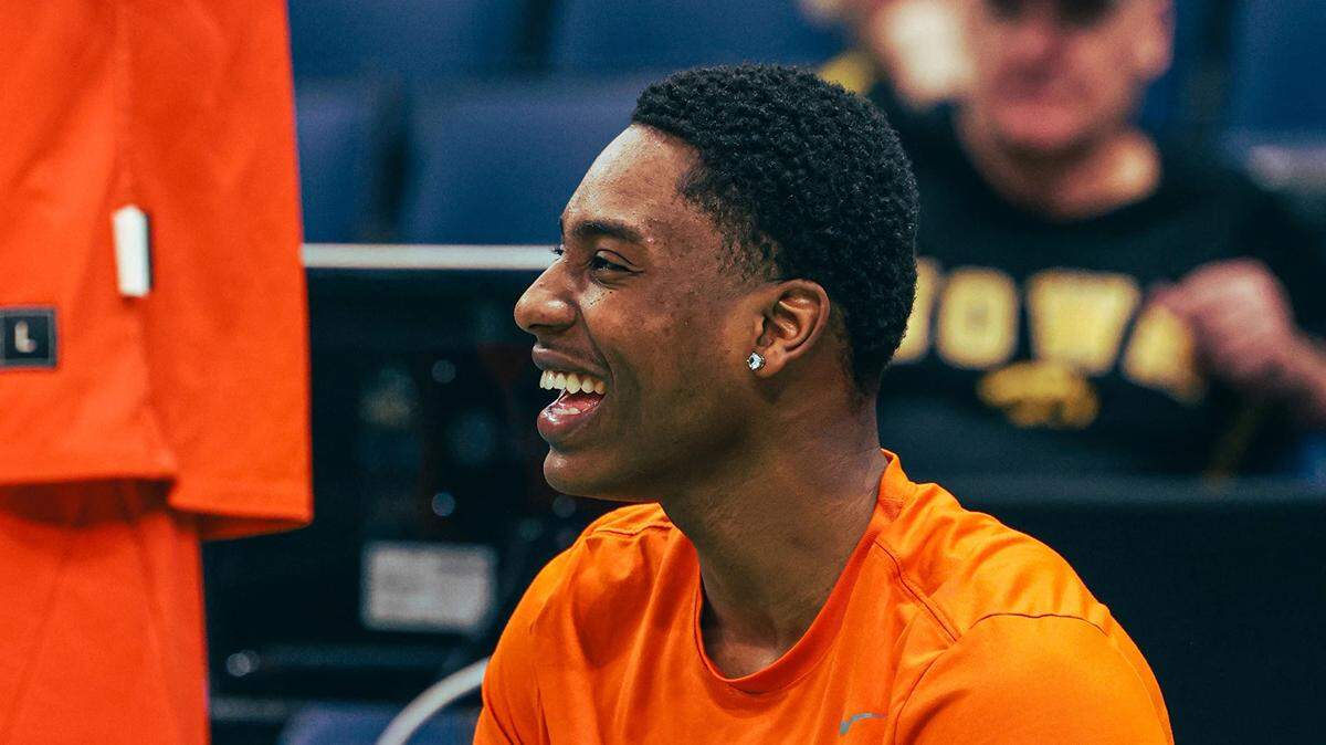 Clemson basketball freshman guard Zac Foster laughs during the team’s pre-NCAA Tournament open practice at Benchmark International Arena in Tampa, Florida on Thursday, March 19, 2026.