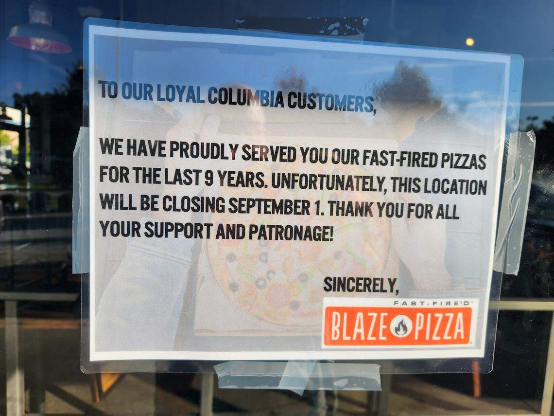 A sign hanging at the Blaze Pizza at 275 Park Terrace Drive in Columbia said it is closing as of Sept. 1.