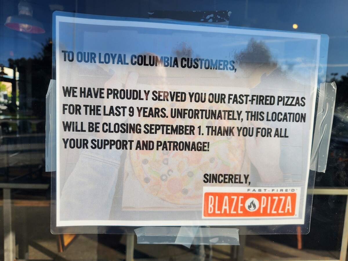 A sign hanging at the Blaze Pizza at 275 Park Terrace Drive in Columbia said it is closing as of Sept. 1.