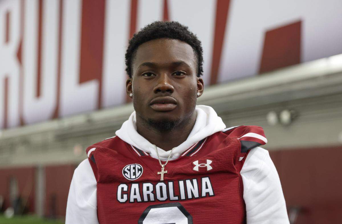 South Carolina wide receiver Nyck Harbor (8) is seen during media day in Columbia on Thursday, August 1, 2024.