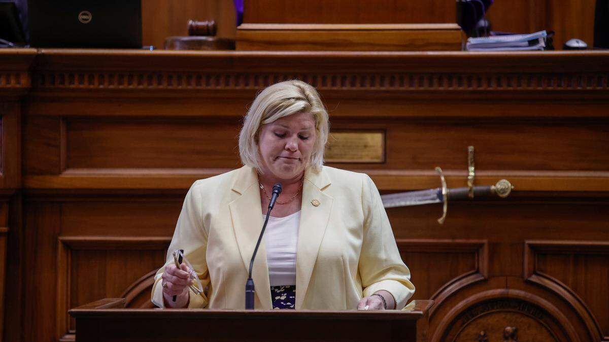 Sen. Penry Gustafson, R-Kershaw becomes emotional while speaking during a debate on the abortion ban on Wednesday April 26, 2023 in the South Carolina State House.