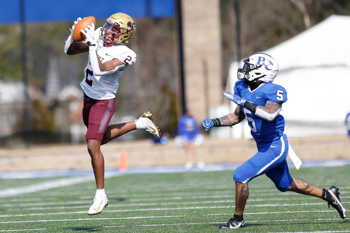 Erskine receiver Javian Bellamy (2) leaps for a catch in the first quarter of the game against Barton.