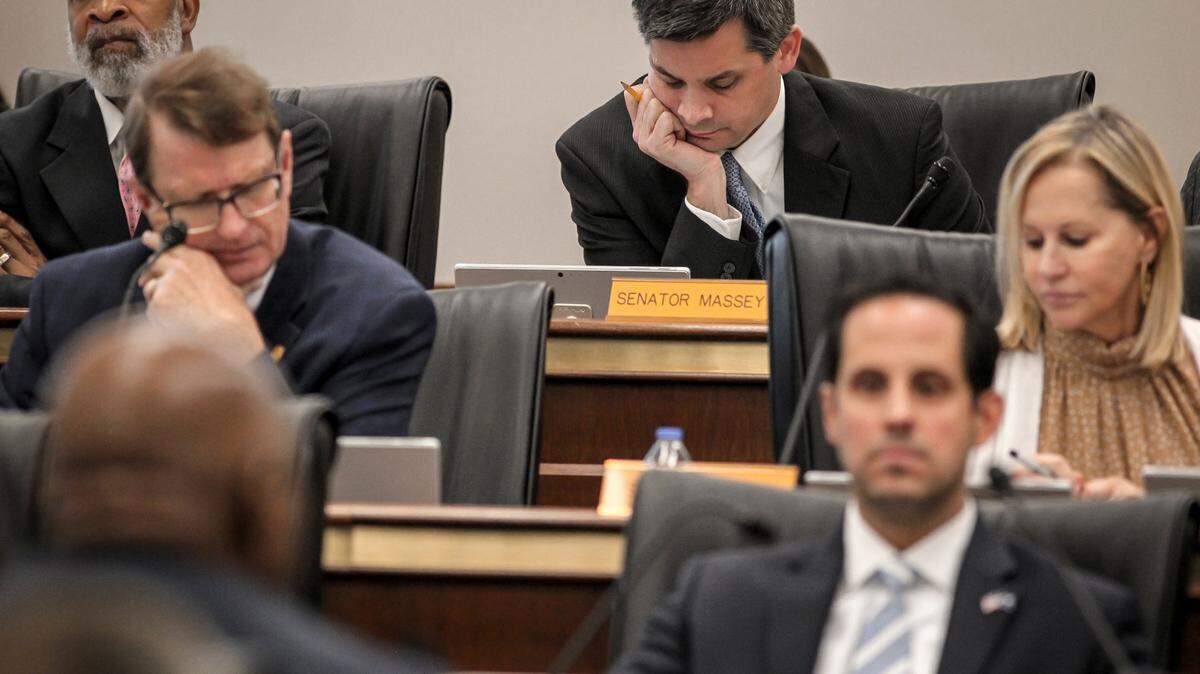 Sen. Shane Massey looks over his notes during a Senate Judiciary Committee meeting in Columbia, S.C. on March 15, 2022. (Travis Bell/STATEHOUSE CAROLINA)