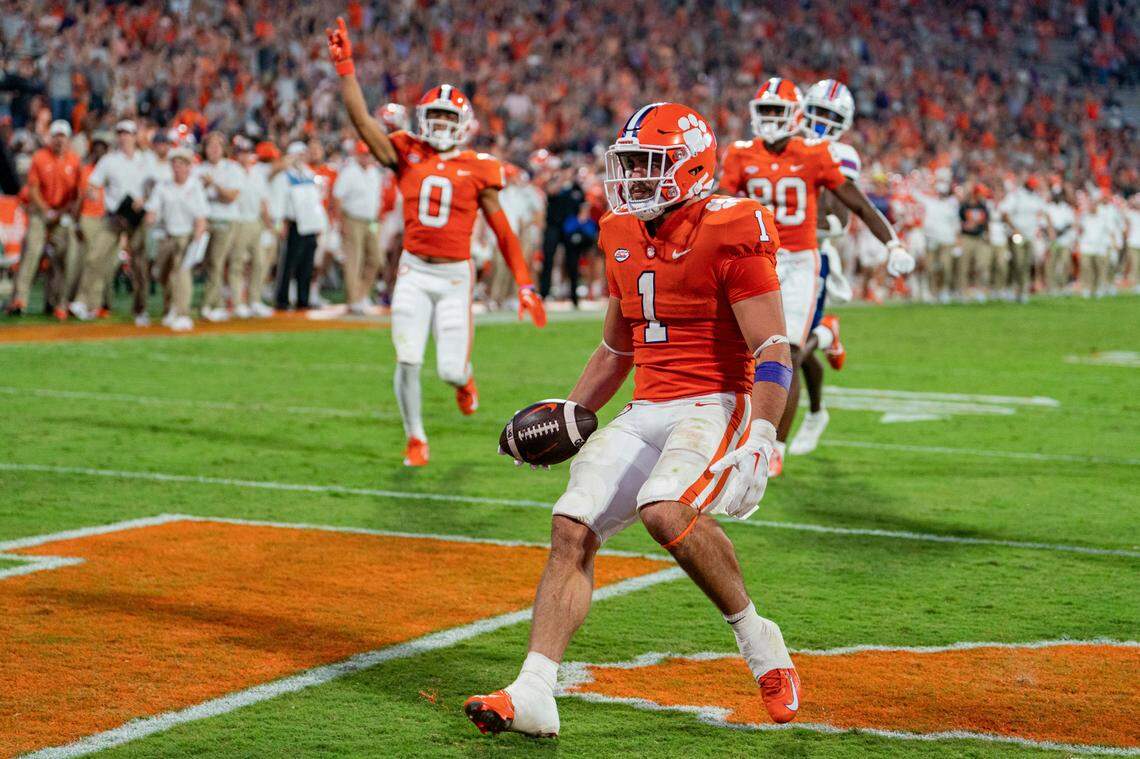 Clemson running back Will Shipley (1) scores a touchdown against Louisiana Tech during the second half ofan NCAA college football game Saturday, Sept. 17, 2022, in Clemson, S.C. (AP Photo/Jacob Kupferman)