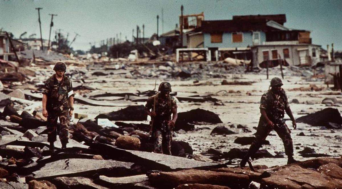 National Guard soldiers patrol Folly Beach after Hurricane Hugo.