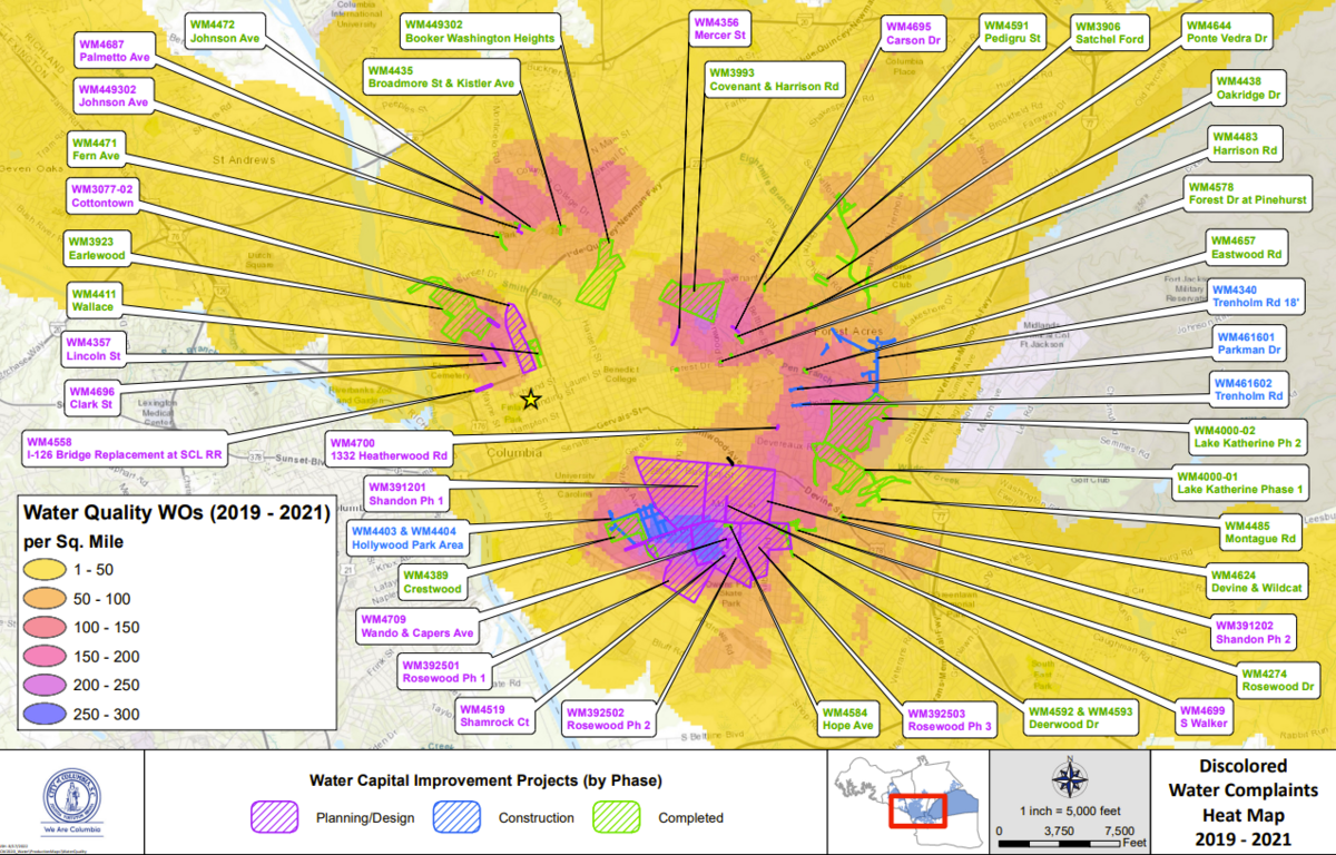 Columbia Water has been mapping the locations of discolored water complaints and boil water advisories to help identify which areas need system upgrades first. The map uses data from a three-year period and may not reflect the number of complaints Columbia Water is receiving today.