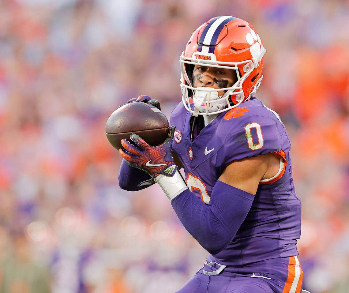 Clemson wide receiver Antonio Williams (0) makes a touchdown catch against Furman during first-half action in Clemson, S.C. on Saturday, Nov. 22, 2025.